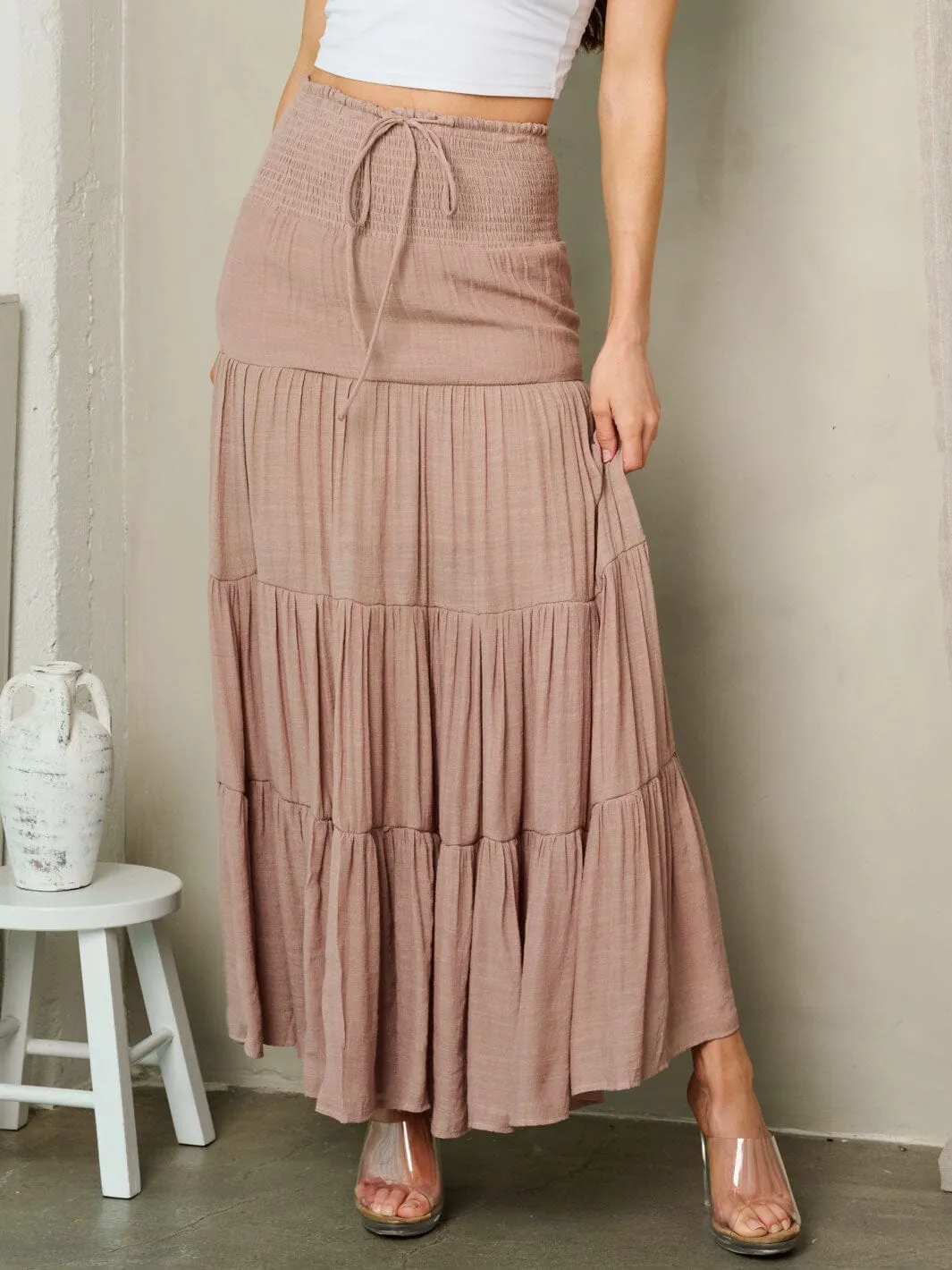WOMEN'S SMOCK WAIST TIERED MAXI SKIRT