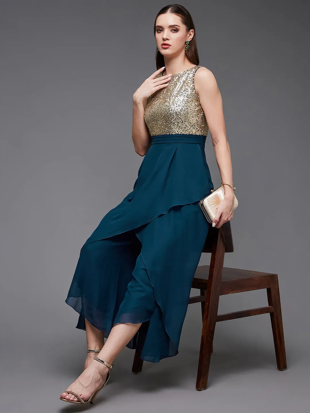 Women's Teal Sequined Relaxed Fit Round Neck Sleeveless Party Jumpsuit