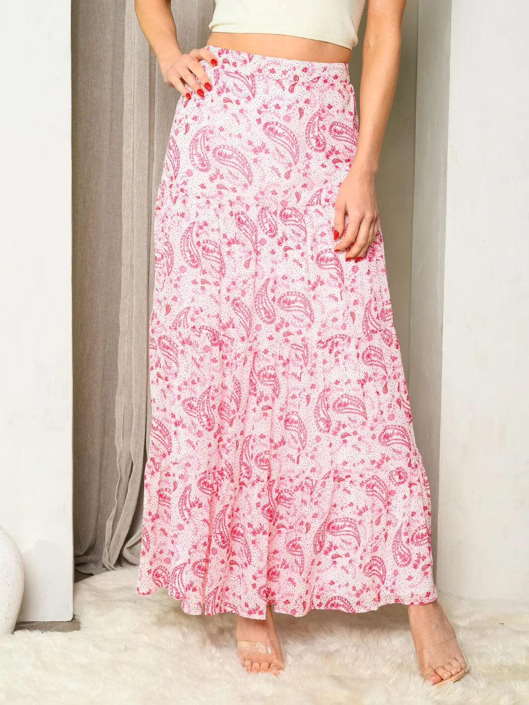 WOMEN'S TIERED PAISLEY PRINT MAXI SKIRT