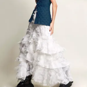 Women's White Irregular Tassel Tiered Skirt For Women A-line High Elastic Waist Layered Skirts