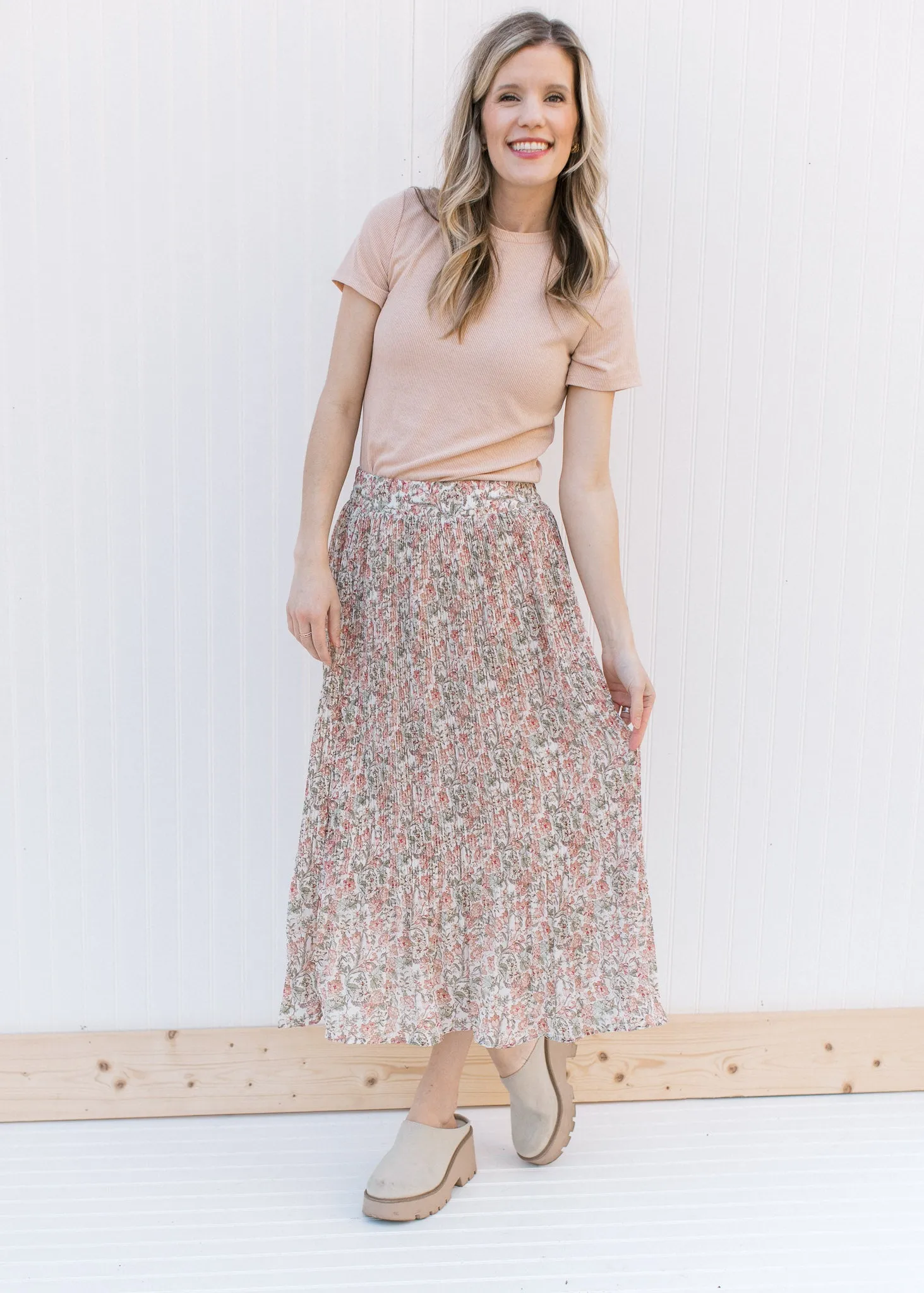 XZ Pink Lotus Pleated Midi Skirt