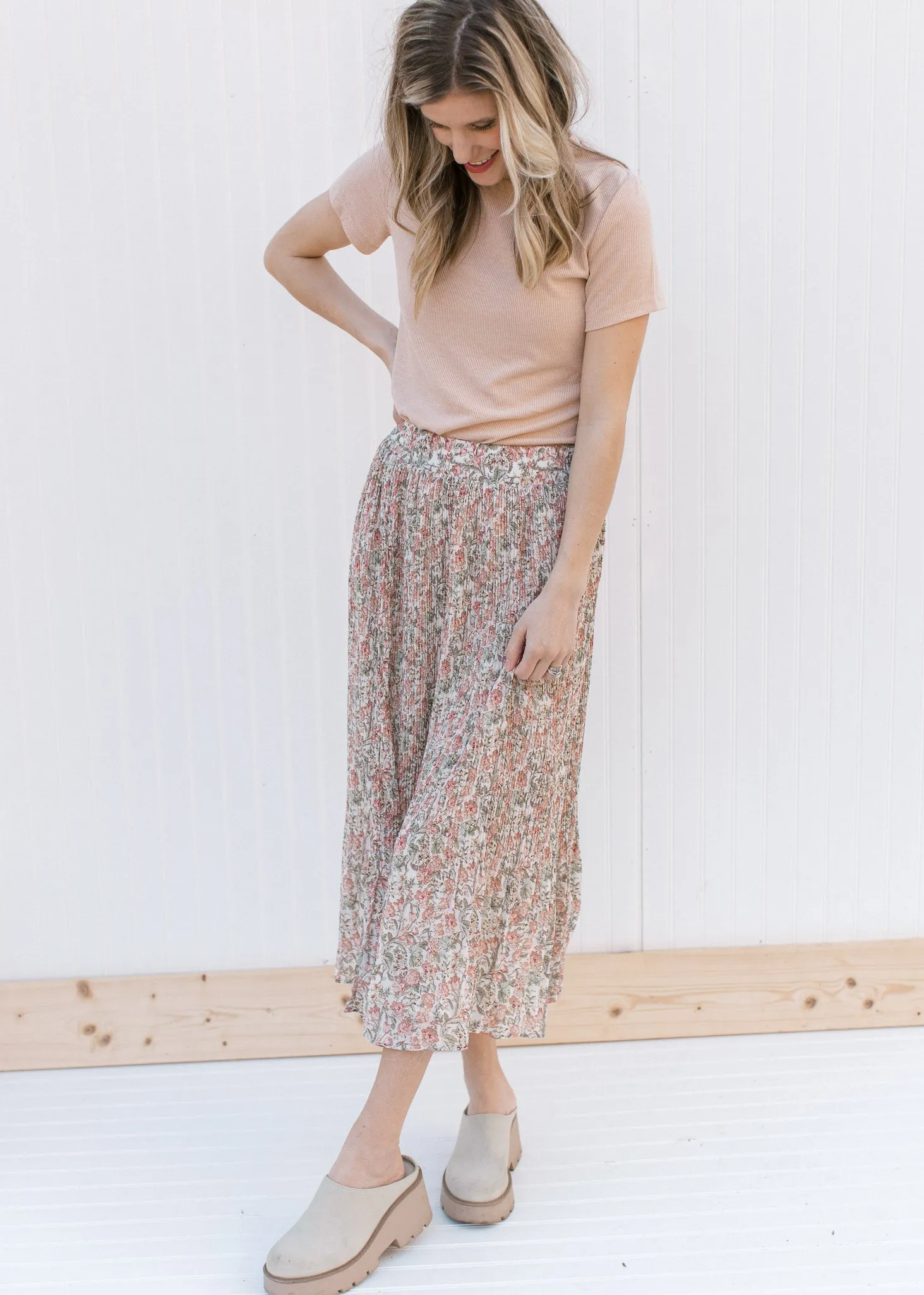 XZ Pink Lotus Pleated Midi Skirt